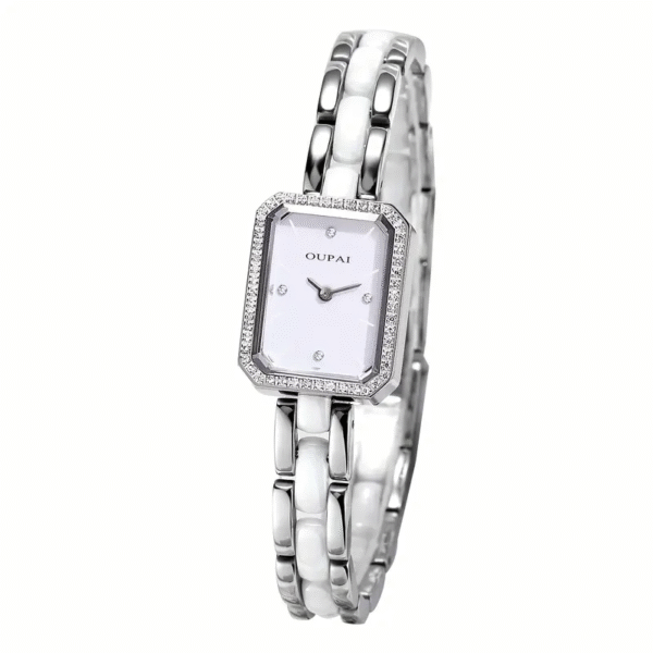 Celestial White Rectangular Ceramic Watch, showcasing its modern design and classic elegance. A sophisticated timepiece.