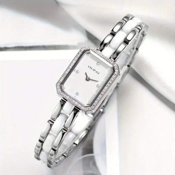 Celestial White Rectangular Ceramic Watch, showcasing its modern design and classic elegance. A sophisticated timepiece.