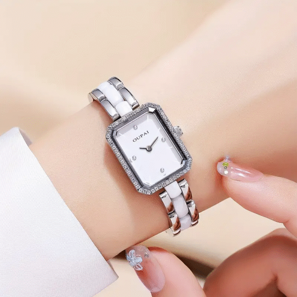Celestial White Rectangular Ceramic Watch, showcasing its modern design and classic elegance. A sophisticated timepiece.