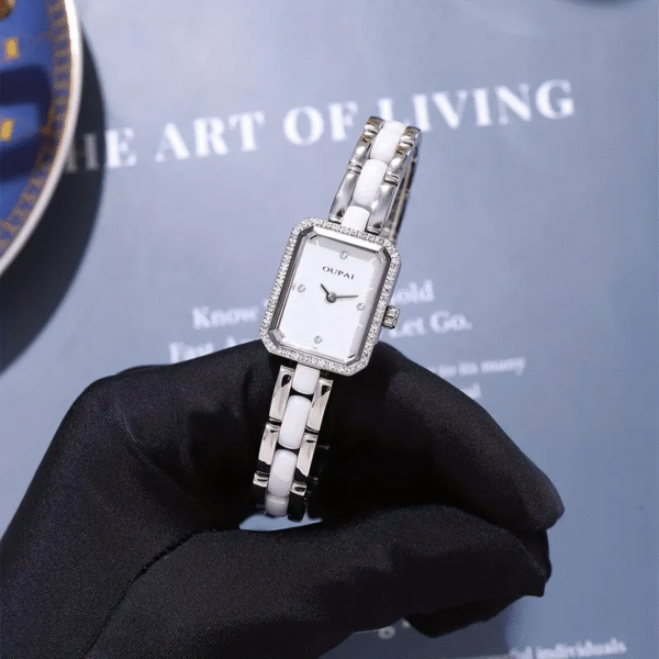 Celestial White Rectangular Ceramic Watch, showcasing its modern design and classic elegance. A sophisticated timepiece.