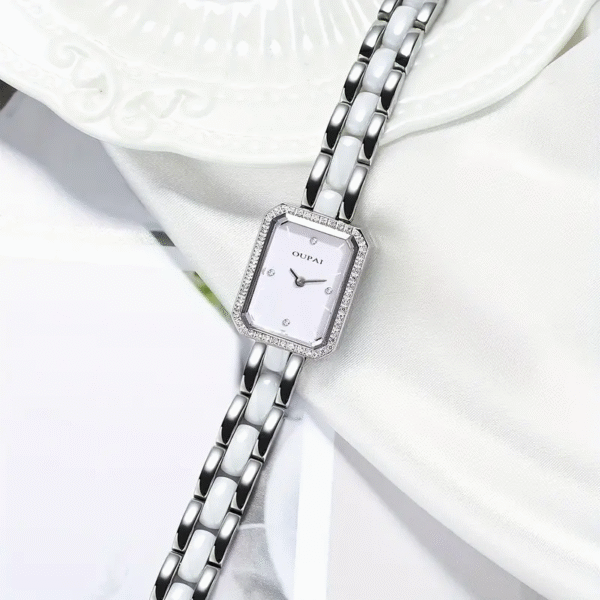 Celestial White Rectangular Ceramic Watch, showcasing its modern design and classic elegance. A sophisticated timepiece.
