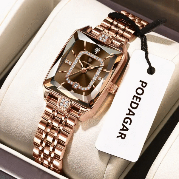 Newness Celestial Dusk Square Gold Watch: A sophisticated square gold watch, showcasing modern design and timeless elegance.