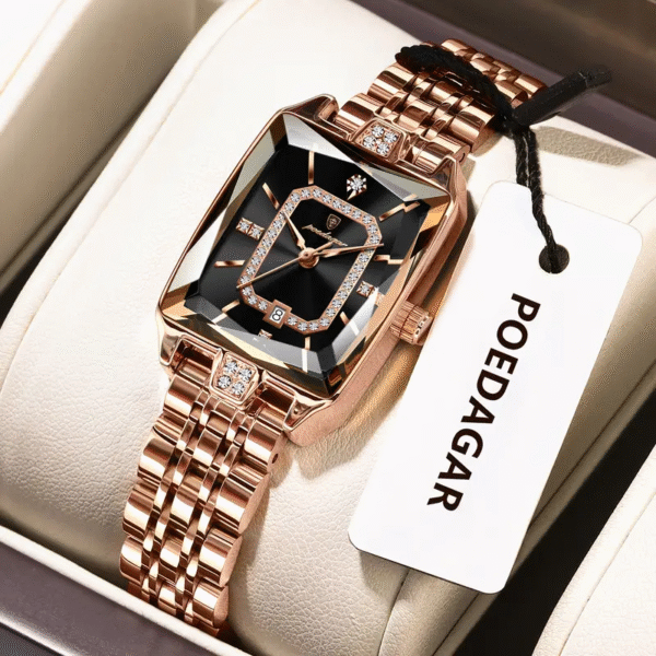 Newness Celestial Dusk Square Gold Watch: A sophisticated square gold watch, showcasing modern design and timeless elegance.