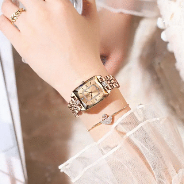 Newness Celestial Dusk Square Gold Watch: A sophisticated square gold watch, showcasing modern design and timeless elegance.