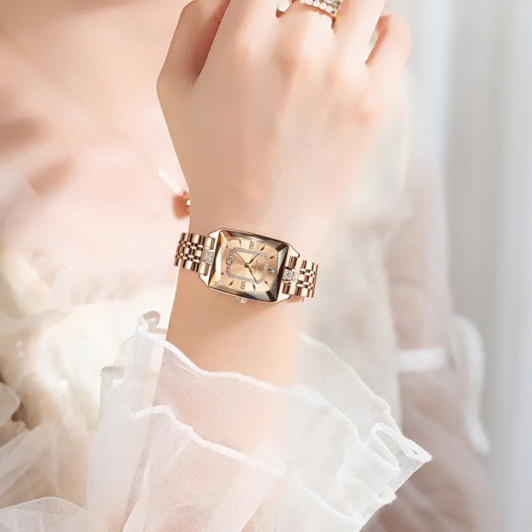 Newness Celestial Dusk Square Gold Watch: A sophisticated square gold watch, showcasing modern design and timeless elegance.