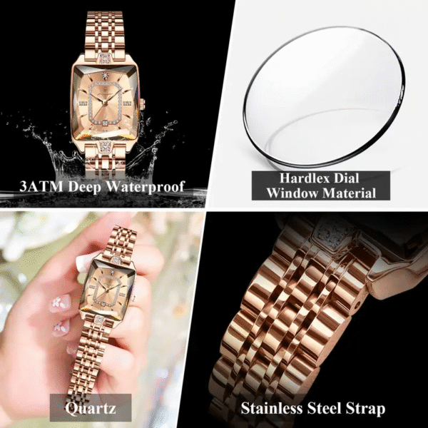Newness Celestial Dusk Square Gold Watch: A sophisticated square gold watch, showcasing modern design and timeless elegance.