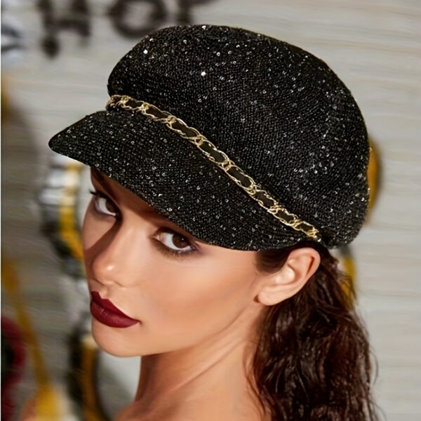 Newness Midnight Soirée Black Chain Beret: A stylish black beret with a delicate chain detail, perfect for adding a touch of Parisian chic to any outfit.