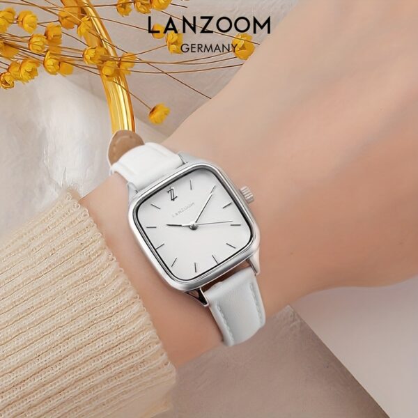 Newness Minimalist Square White Watch: A chic, minimalist white square watch perfect for everyday wear. Close-up showcasing its clean design and subtle details.