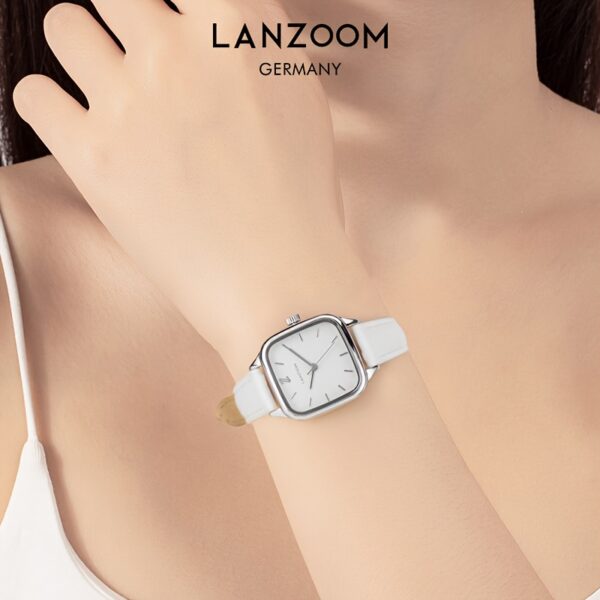 Newness Minimalist Square White Watch: A chic, minimalist white square watch perfect for everyday wear. Close-up showcasing its clean design and subtle details.
