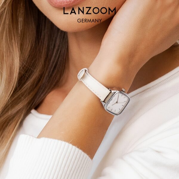 Newness Minimalist Square White Watch: A chic, minimalist white square watch perfect for everyday wear. Close-up showcasing its clean design and subtle details.