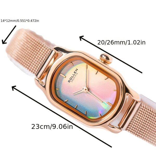 Close-up of Sangdo Women's Elegant Square Watch with blue-green dial, rose gold-toned stainless steel band, showcasing its minimalist design and delicate details.