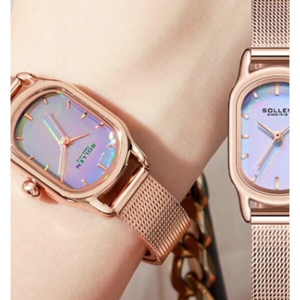 Close-up of Sangdo Women's Elegant Square Watch with blue-green dial, rose gold-toned stainless steel band, showcasing its minimalist design and delicate details.