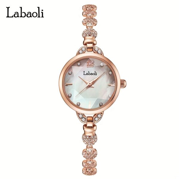 Labaoli Women's Wrist Watch LA062L: Close-up showcasing the rhinestone dial and steel strap of a fashionable quartz watch.