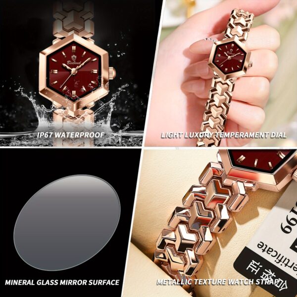 Newness Hexagonal Glamour Women's Quartz Watch: A close-up showcasing its hexagonal face and elegant design.