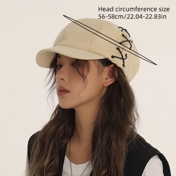 A stylish woman models a retro octagonal duckbill hat in three different colors beige black and brown The hat features a unique Japanese inspired design