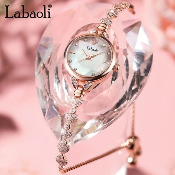 Labaoli Women's Wrist Watch LA062L: Close-up showcasing the rhinestone dial and steel strap of a fashionable quartz watch.