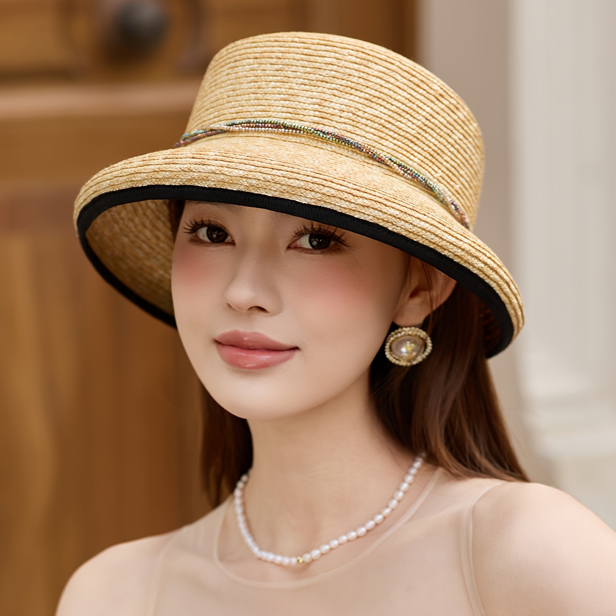 MAO GLOBAL Women'S Handwoven Wheat Straw Sun Hat with Black Ribbon Bow - Lightweight Breathable Wide Brim Bucket Hat for Beach Vacation, Outdoor Activities & Valentine'S Day, Vacation Hat, Beachwear Accessory, Decorative Bow Detail, Elegant Accessory