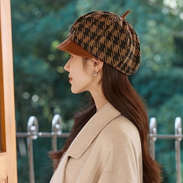 Elegant womens autumn winter beret in classic plaid design Small brim octagonal shape lightweight and comfortable Perfect for parties office or outings