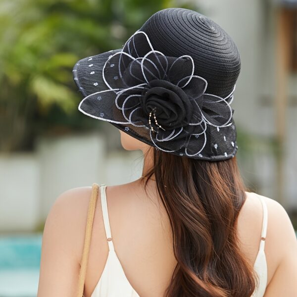 Ethereal Breeze Organza Bucket Hat: Breathable organza bucket hat in white with delicate lace trim and floral accents. Perfect for sun protection and effortless style.