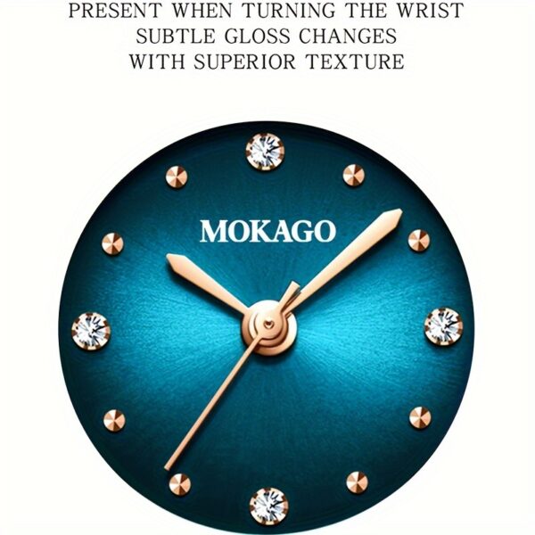 MKGO Blue Crystal Heart Watch for Women, close-up showcasing blue crystal heart bracelet and watch face details.