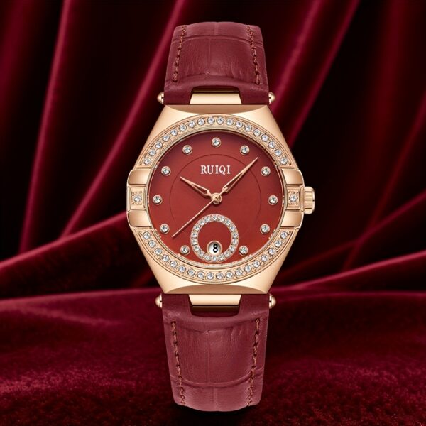 Crimson Elegance Red Leather Watch by Newness, showcasing its red leather strap and elegant design.