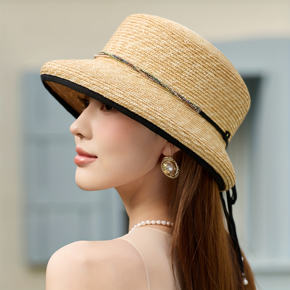 MAO GLOBAL Women'S Handwoven Wheat Straw Sun Hat with Black Ribbon Bow - Lightweight Breathable Wide Brim Bucket Hat for Beach Vacation, Outdoor Activities & Valentine'S Day, Vacation Hat, Beachwear Accessory, Decorative Bow Detail, Elegant Accessory