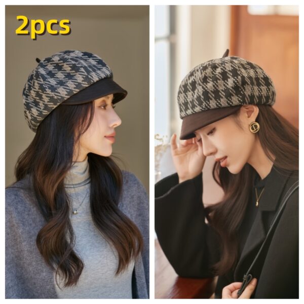 Elegant womens autumn winter beret in classic plaid design Small brim octagonal shape lightweight and comfortable Perfect for parties office or outings