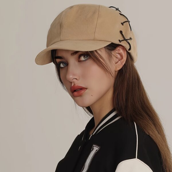 A stylish woman models a retro octagonal duckbill hat in three different colors beige black and brown The hat features a unique Japanese inspired design