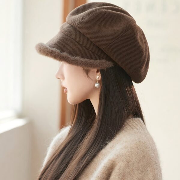 Newness Parisian Octagonal Beret Hat in stylish pose, showcasing its unique octagonal shape and lightweight fabric. Perfect for spring and fall.