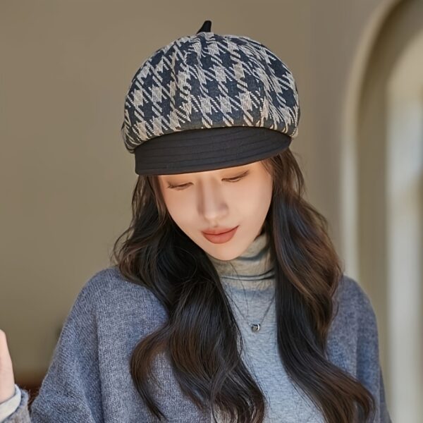 Elegant womens autumn winter beret in classic plaid design Small brim octagonal shape lightweight and comfortable Perfect for parties office or outings