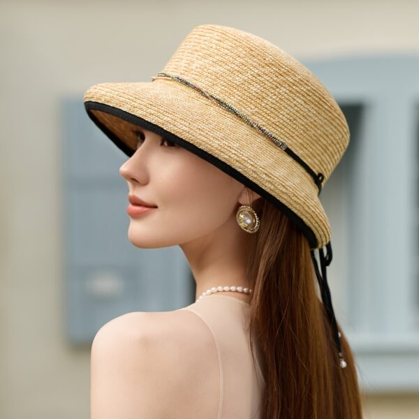 MAO GLOBAL Women'S Handwoven Wheat Straw Sun Hat with Black Ribbon Bow - Lightweight Breathable Wide Brim Bucket Hat for Beach Vacation, Outdoor Activities & Valentine'S Day, Vacation Hat, Beachwear Accessory, Decorative Bow Detail, Elegant Accessory