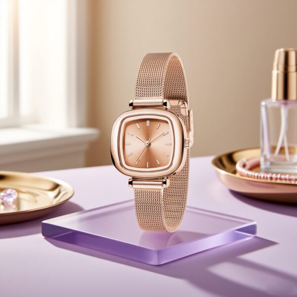 Rose Gold Square Quartz Watch by Newness. A minimalist, square-faced watch with a rose gold finish.