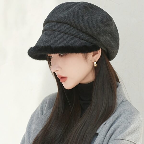 Newness Parisian Octagonal Beret Hat in stylish pose, showcasing its unique octagonal shape and lightweight fabric. Perfect for spring and fall.