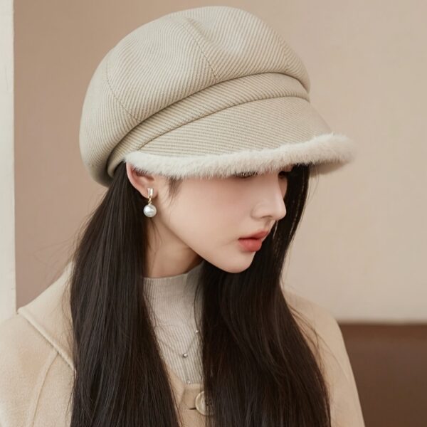 Newness Parisian Octagonal Beret Hat in stylish pose, showcasing its unique octagonal shape and lightweight fabric. Perfect for spring and fall.