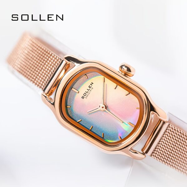 Close-up of Sangdo Women's Elegant Square Watch with blue-green dial, rose gold-toned stainless steel band, showcasing its minimalist design and delicate details.