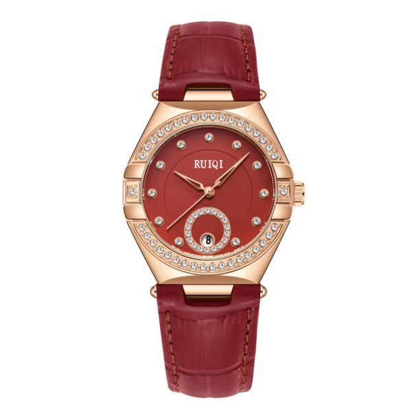 Crimson Elegance Red Leather Watch by Newness, showcasing its red leather strap and elegant design.