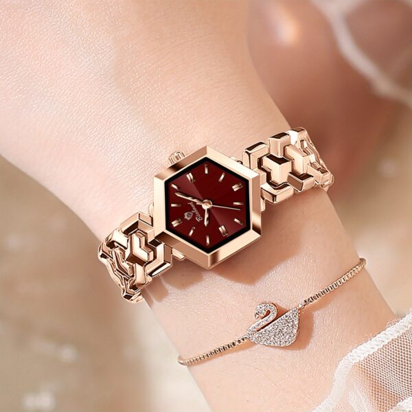 Newness Hexagonal Glamour Women's Quartz Watch: A close-up showcasing its hexagonal face and elegant design.