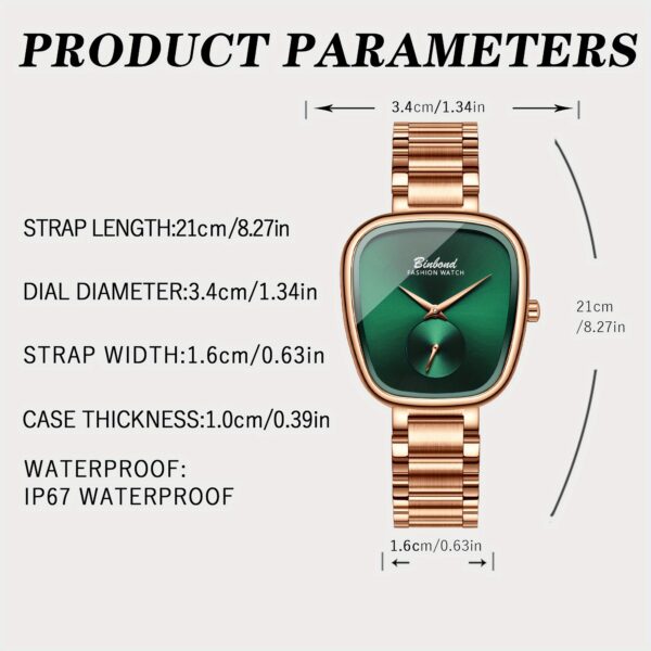 BINBOND Emerald Elegance Luxury Quartz Watch: A chic, minimalist wristwatch with an emerald green face.