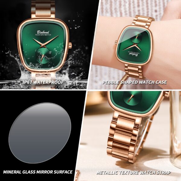 BINBOND Emerald Elegance Luxury Quartz Watch: A chic, minimalist wristwatch with an emerald green face.