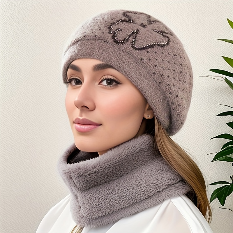 1pc Women'S Fashion Acrylic Beret with Floral Embellishment, Elastic Ear Warmer Knit Cap, Hand Washable, with Decorative Accessories, for Outdoor Activities, New Year, Christmas Gift