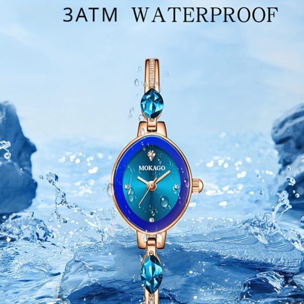 MKGO Women's Elegant Blue Quartz Watch with rose golden copper band and sparkling crystals
