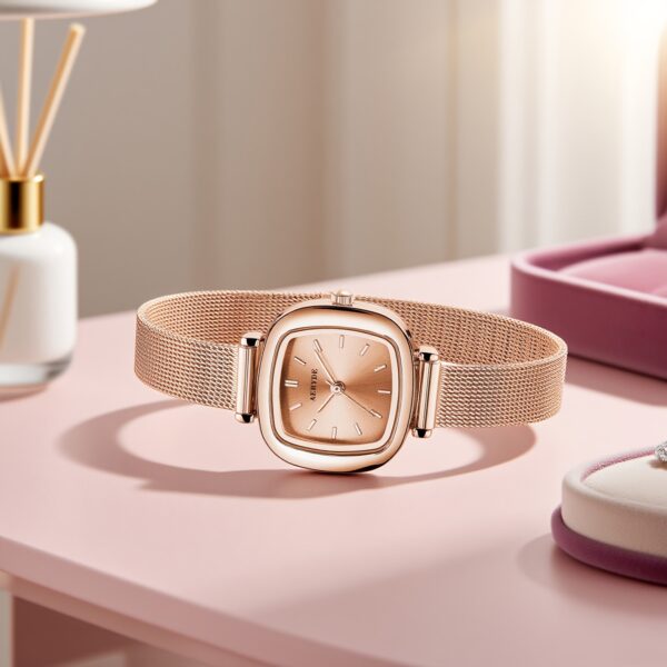 Rose Gold Square Quartz Watch by Newness. A minimalist, square-faced watch with a rose gold finish.