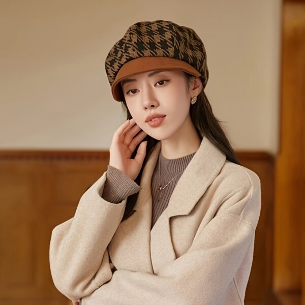 Elegant womens autumn winter beret in classic plaid design Small brim octagonal shape lightweight and comfortable Perfect for parties office or outings