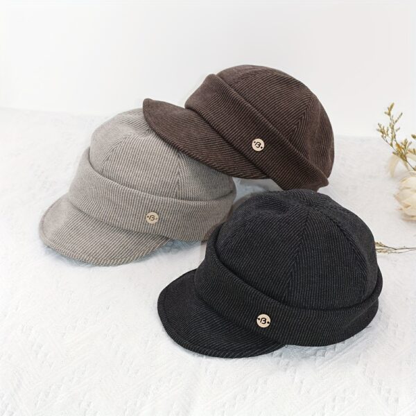 Stylish Newness Boulevard Newsboy Cap in winter setting. A close-up shows the texture and details of the warm, chic cap.