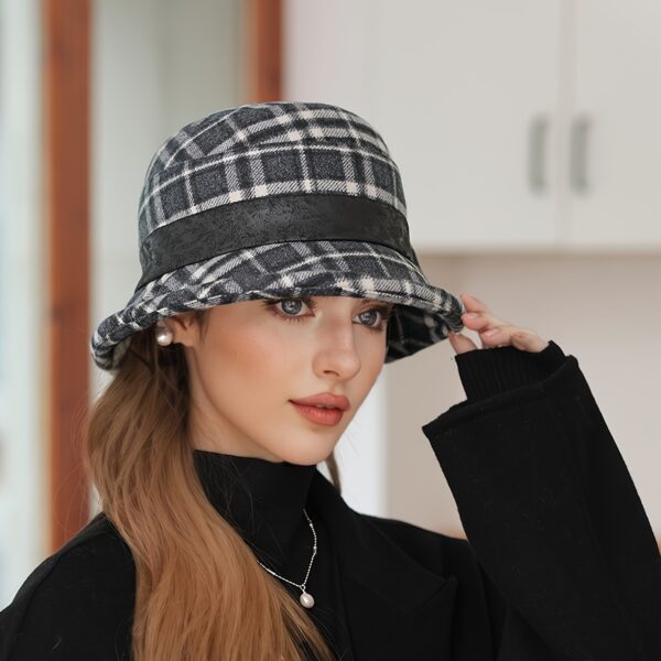 Stylish Newness Autumn Stroll Plaid Bucket Hat in fall colors, perfect for adding a touch of chic to any autumn outfit.