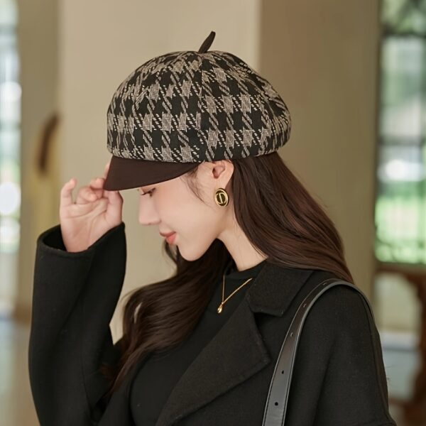 Elegant womens autumn winter beret in classic plaid design Small brim octagonal shape lightweight and comfortable Perfect for parties office or outings