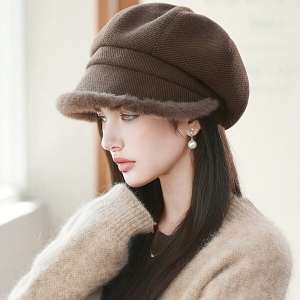 Newness Parisian Octagonal Beret Hat in stylish pose, showcasing its unique octagonal shape and lightweight fabric. Perfect for spring and fall.