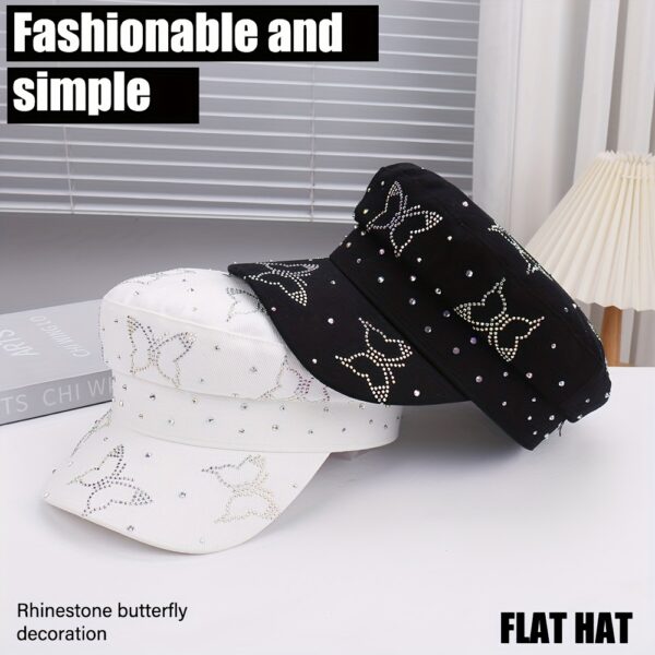 Women'S Rhinestone Butterfly Embellished Flat Cap - Lightweight, Non-Stretch, Vintage-Inspired Newsboy Hat for Prom & Casual Wear, Hand Wash Only, Casual Headwear | Vintageinspired Hat | Rhinestone Embellishments