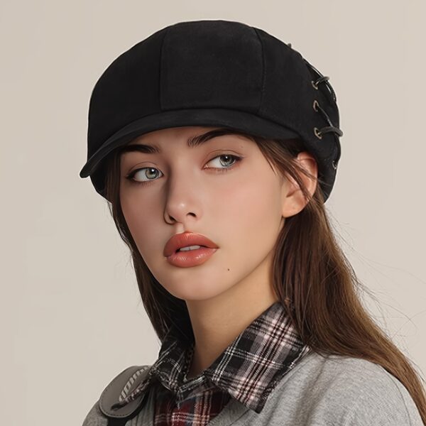 A stylish woman models a retro octagonal duckbill hat in three different colors beige black and brown The hat features a unique Japanese inspired design