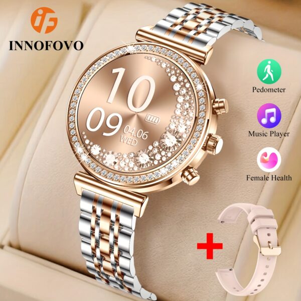 INNOFOVO Aurora Smartwatch for Women: Close-up showcasing its chic design and features.